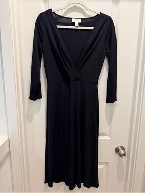 LOFT Black Long-Sleeve Surplice Midi Dress